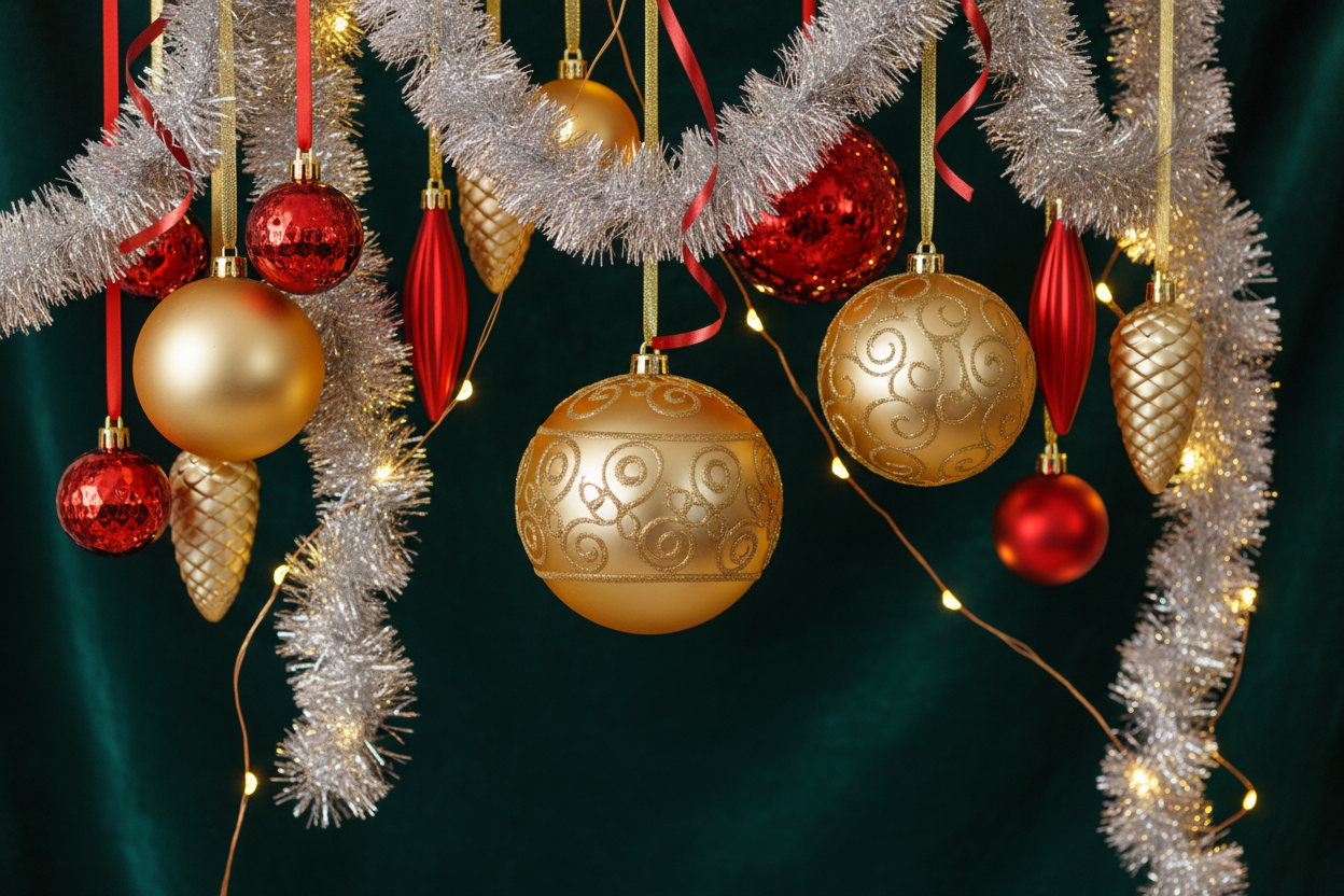 christmas, dark green background with golds and reds. Ornaments hanging down with white lights and tinsel